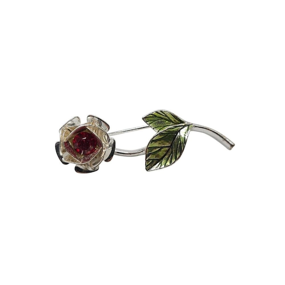 Silver Rose Brooch With Red Crystal Green Enamel Leaf Vintage